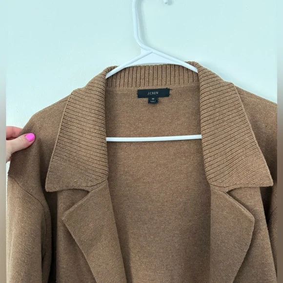 J Crew Camel Tan Oversized Wool Cotton Collared Sweater Jacket Size Medium - Picture 10 of 12